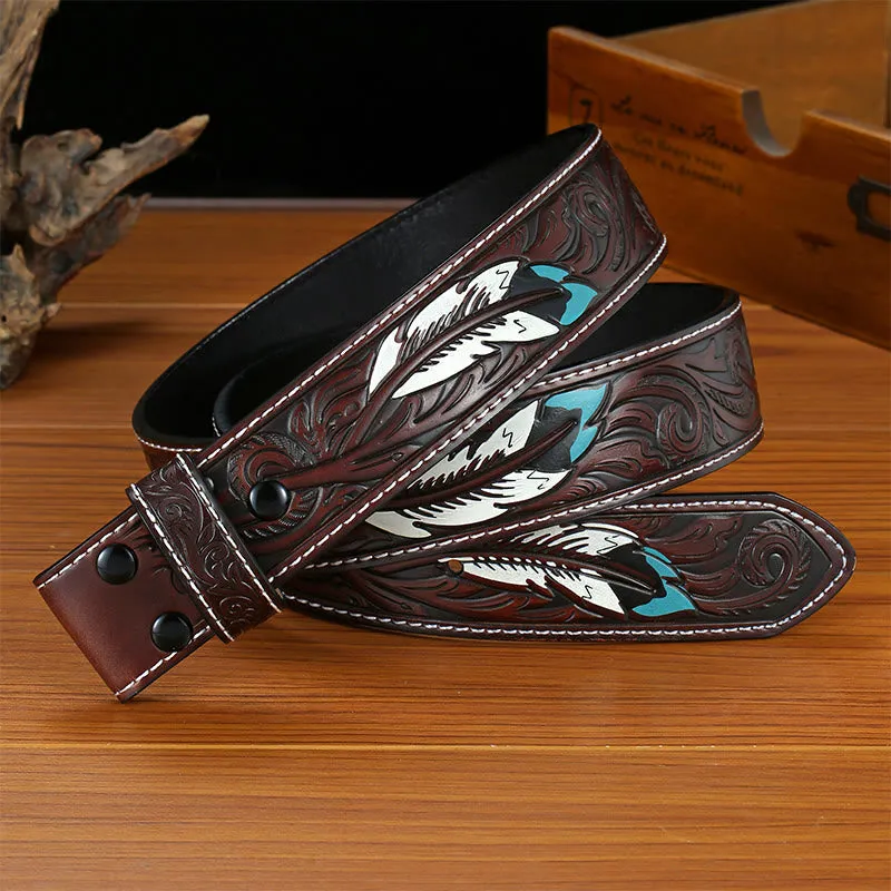Punk Feather Embossed DIY Leather Belt Strap without Belt Buckle sold by FloralTrip