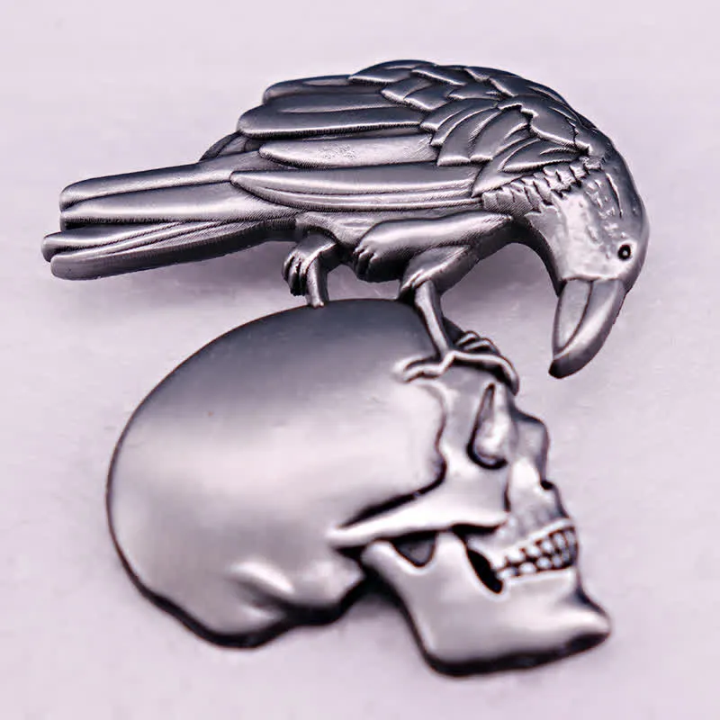 Gothic Antique Silver Embossed Raven Skull Brooch sold by FloralTrip product image thumbnail 2