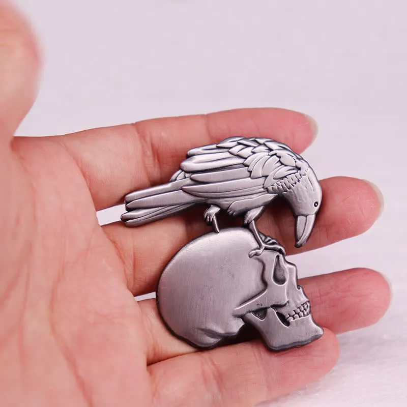 Gothic Antique Silver Embossed Raven Skull Brooch sold by FloralTrip product image thumbnail 3