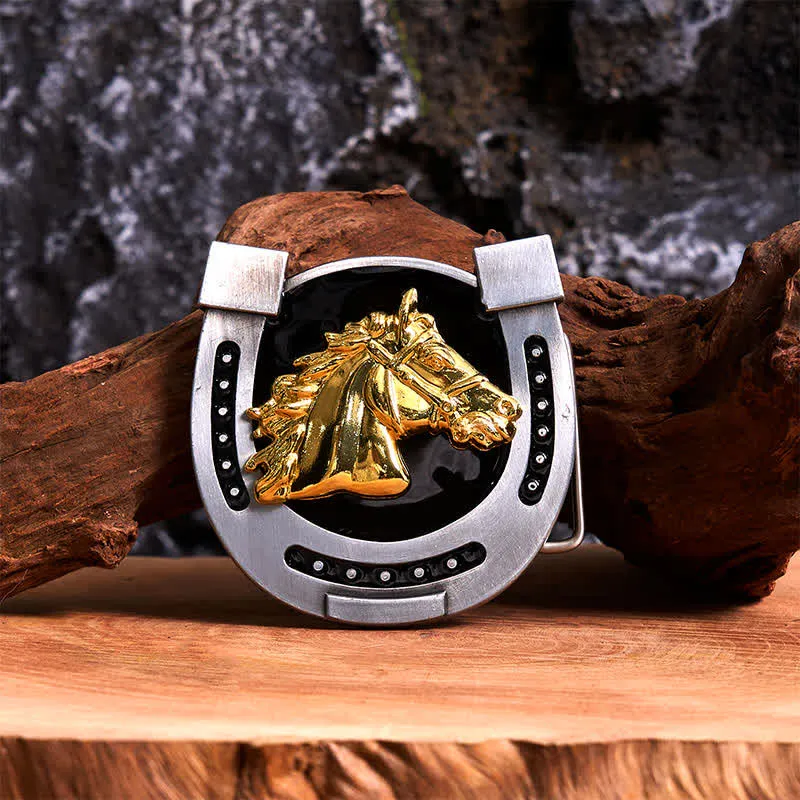 Gold & Black DIY Horseshoe Shape Buckle Leather Belt sold by FloralTrip