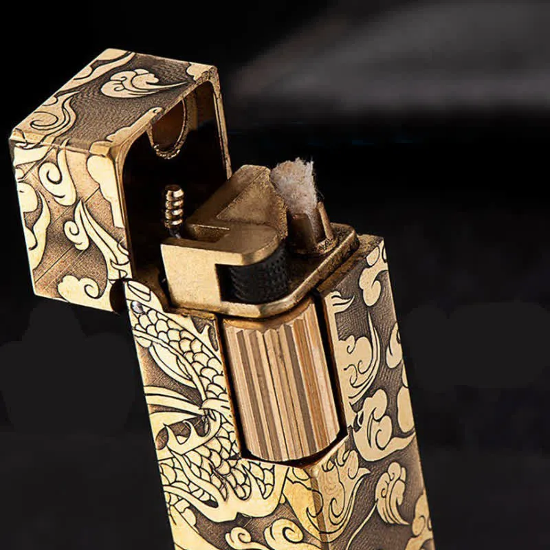 Cube Shape Carved Dragon Brass Refillable Kerosene Lighter sold by FloralTrip product image thumbnail 3