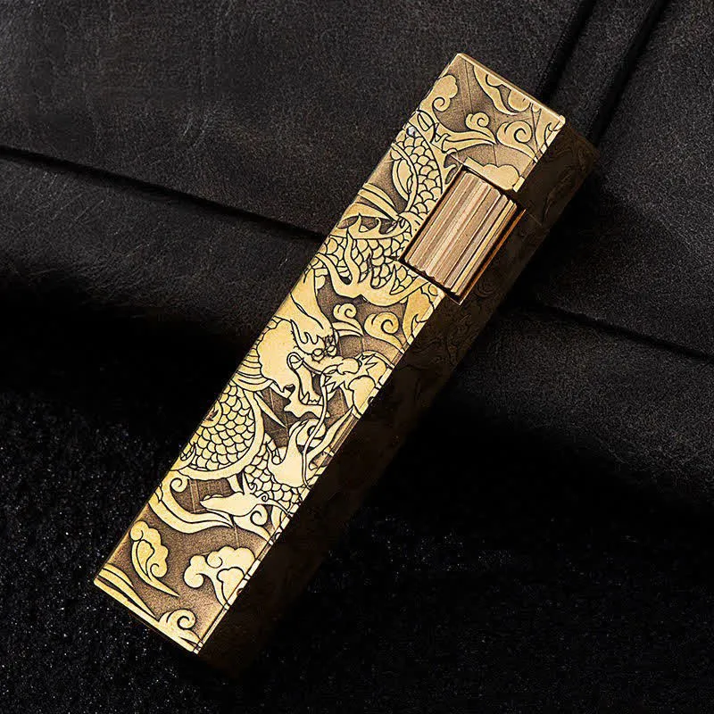 Cube Shape Carved Dragon Brass Refillable Kerosene Lighter sold by FloralTrip