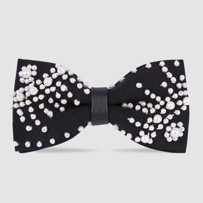 Elegant Hand-Embroidered Black & White Pearls Bow Tie sold by FloralTrip