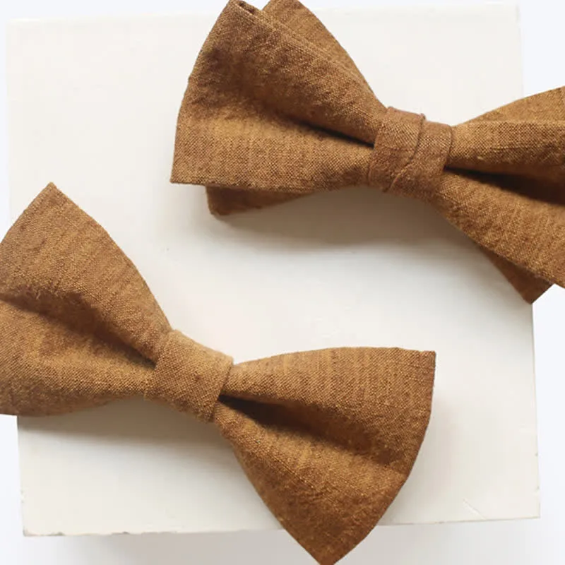 Men's Dark Goldenrod Solid Color Linen Bow Tie sold by FloralTrip product image thumbnail 2