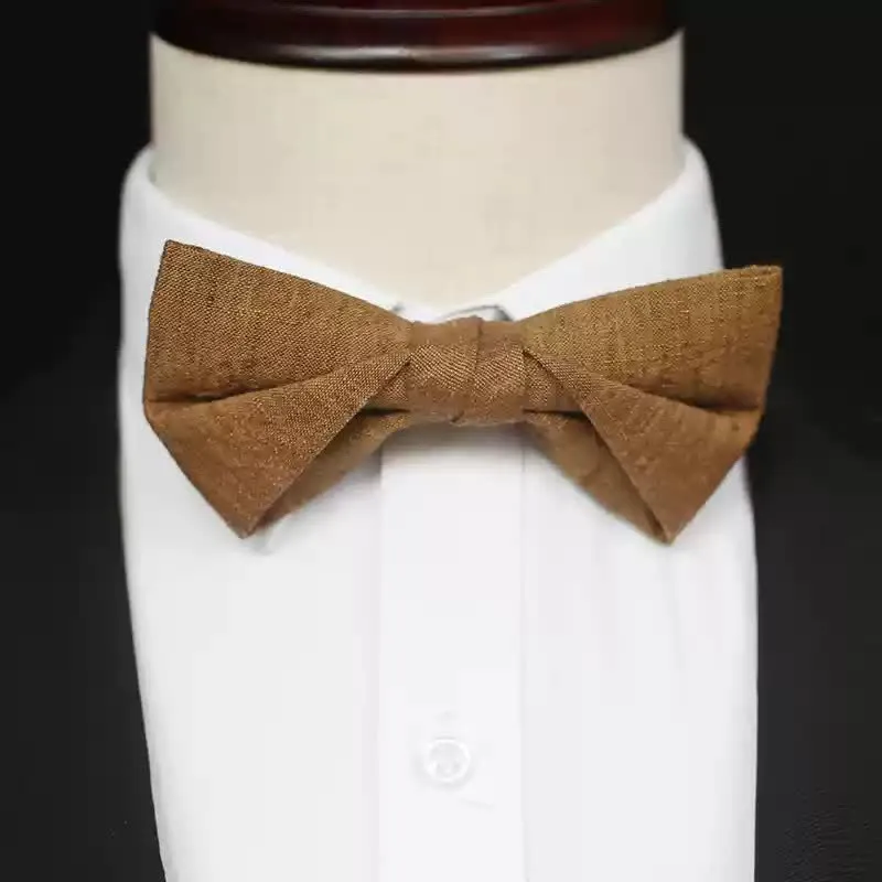 Men's Dark Goldenrod Solid Color Linen Bow Tie sold by FloralTrip product image thumbnail 5