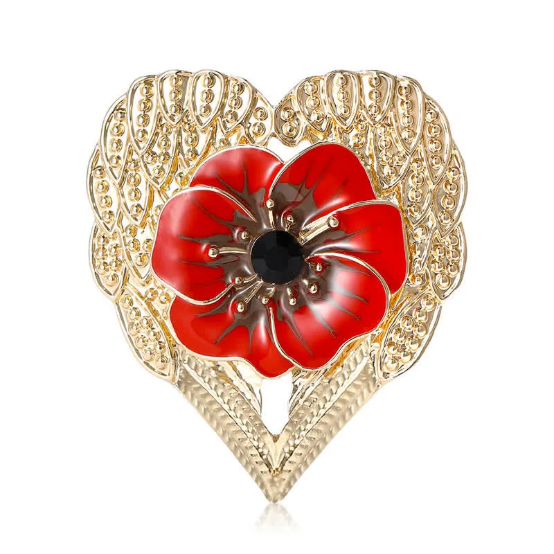 Luxury Enamel Poppy Flower Gold Heart Brooch sold by FloralTrip