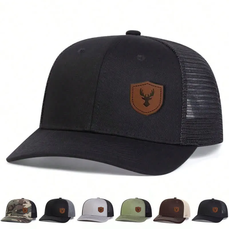 Small Antler Brown Leather Label Patch Trucker Hat sold by FloralTrip