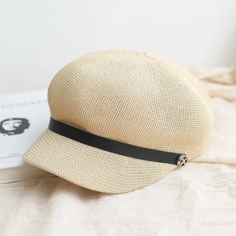 Women's Elegant Black Leather Band Octagonal Straw Beret Hat sold by FloralTrip