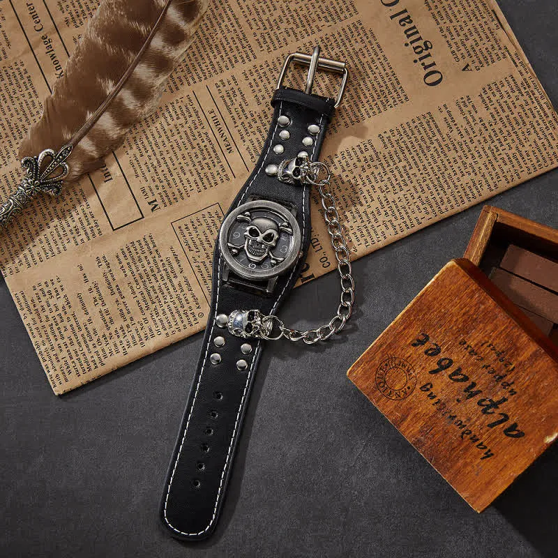 Men's Punk Rivet Chain Bracelet Leather Watch With Skull Cover sold by FloralTrip