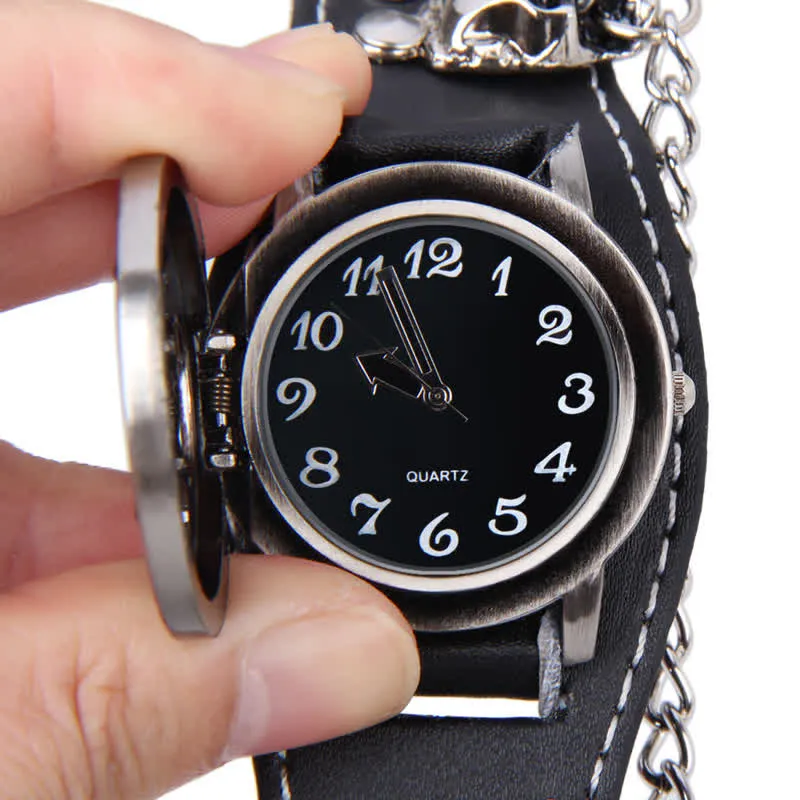 Men's Punk Rivet Chain Bracelet Leather Watch With Skull Cover sold by FloralTrip product image thumbnail 5