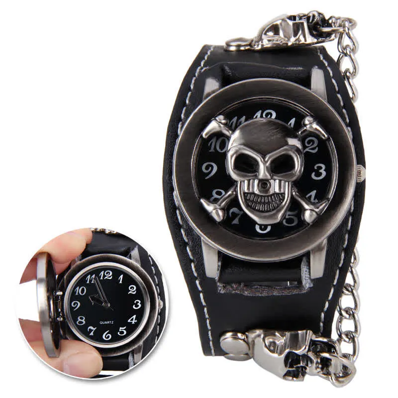Men's Punk Rivet Chain Bracelet Leather Watch With Skull Cover sold by FloralTrip product image thumbnail 4
