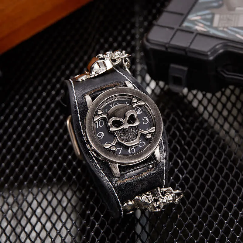 Men's Punk Rivet Chain Bracelet Leather Watch With Skull Cover sold by FloralTrip product image thumbnail 2