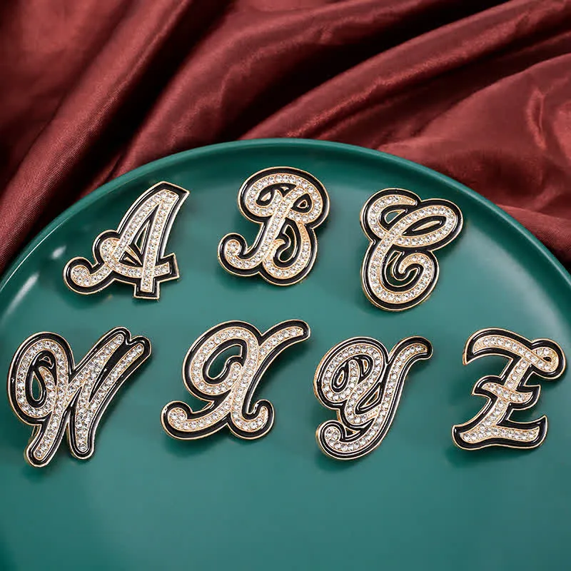 Black Enameled Initial Letter Rhinestone 26 Alphabet Brooch sold by FloralTrip