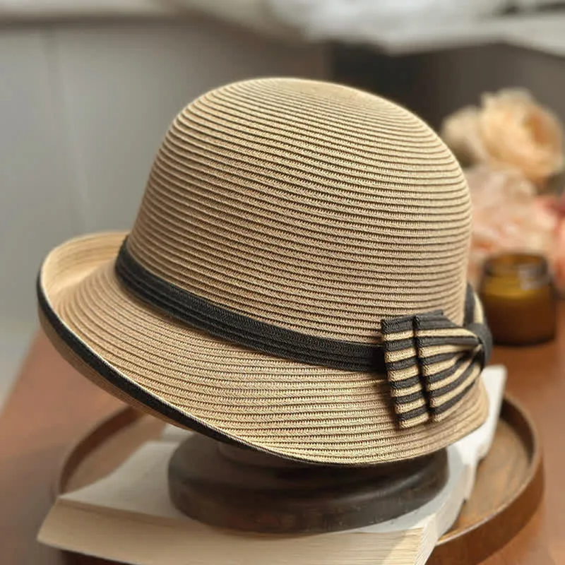 Women's Striped Bow Knot Beach Straw Fedora Hat sold by FloralTrip product image thumbnail 2