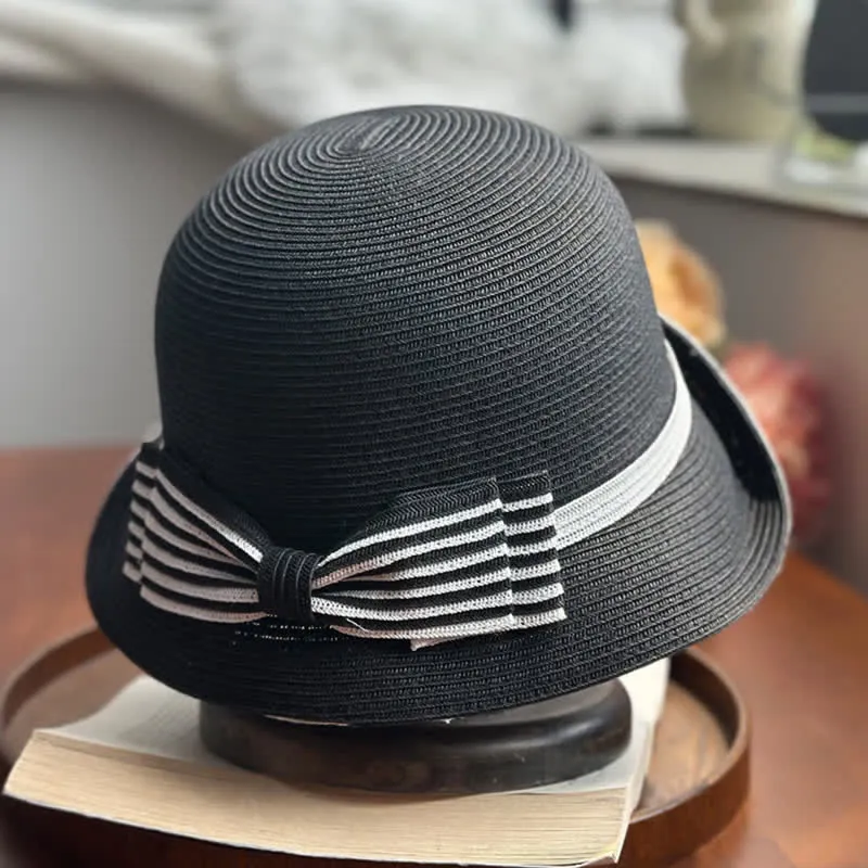 Women's Striped Bow Knot Beach Straw Fedora Hat sold by FloralTrip product image thumbnail 4