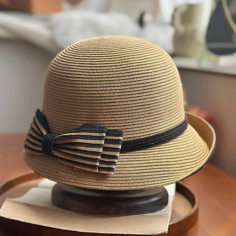Women's Striped Bow Knot Beach Straw Fedora Hat sold by FloralTrip