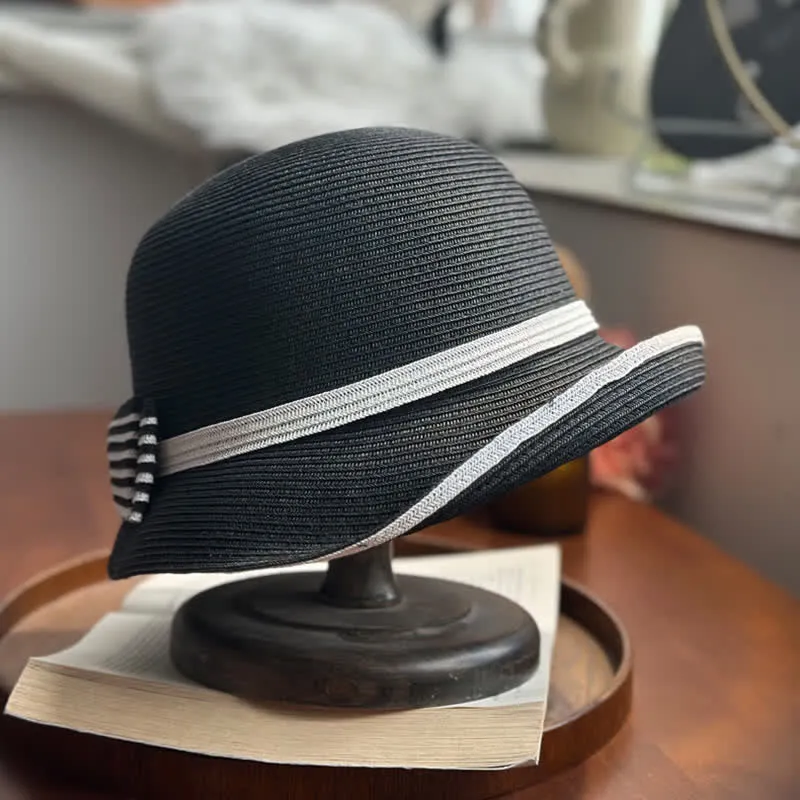 Women's Striped Bow Knot Beach Straw Fedora Hat sold by FloralTrip product image thumbnail 5