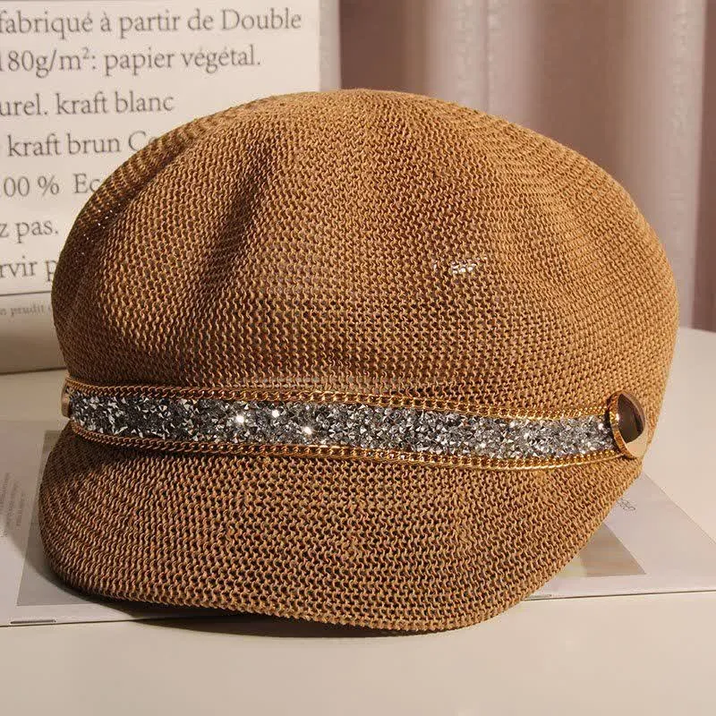 Women's Chic Gold Chain Silver Rhinestone Straw Beret Hat sold by FloralTrip