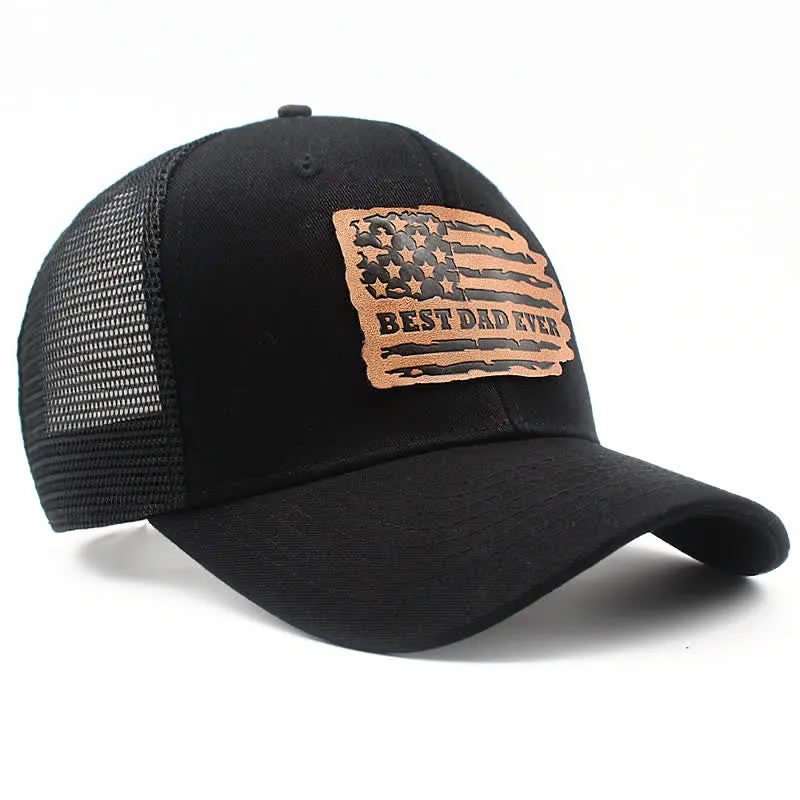 Best Dad Ever USA Flag Leather Label Patch Trucker Hat sold by FloralTrip product image thumbnail 4