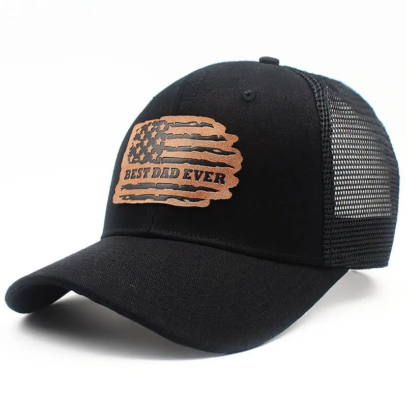 Best Dad Ever USA Flag Leather Label Patch Trucker Hat sold by FloralTrip product image thumbnail 2