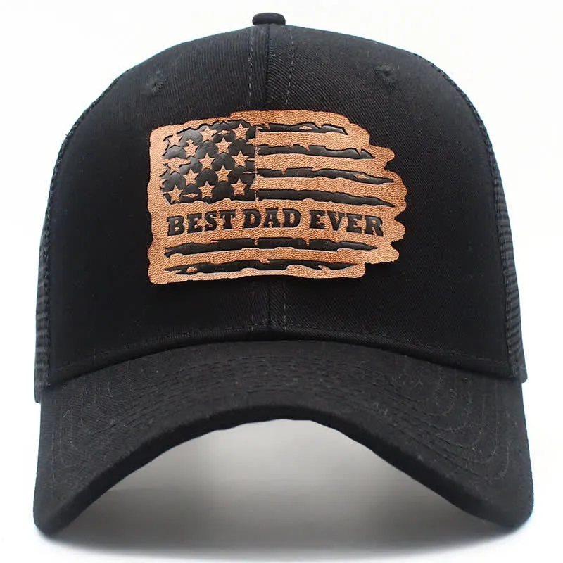 Best Dad Ever USA Flag Leather Label Patch Trucker Hat sold by FloralTrip
