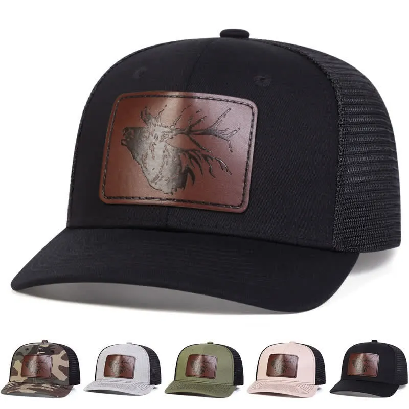Big Deer Head Leather Label Patch Trucker Hat sold by FloralTrip