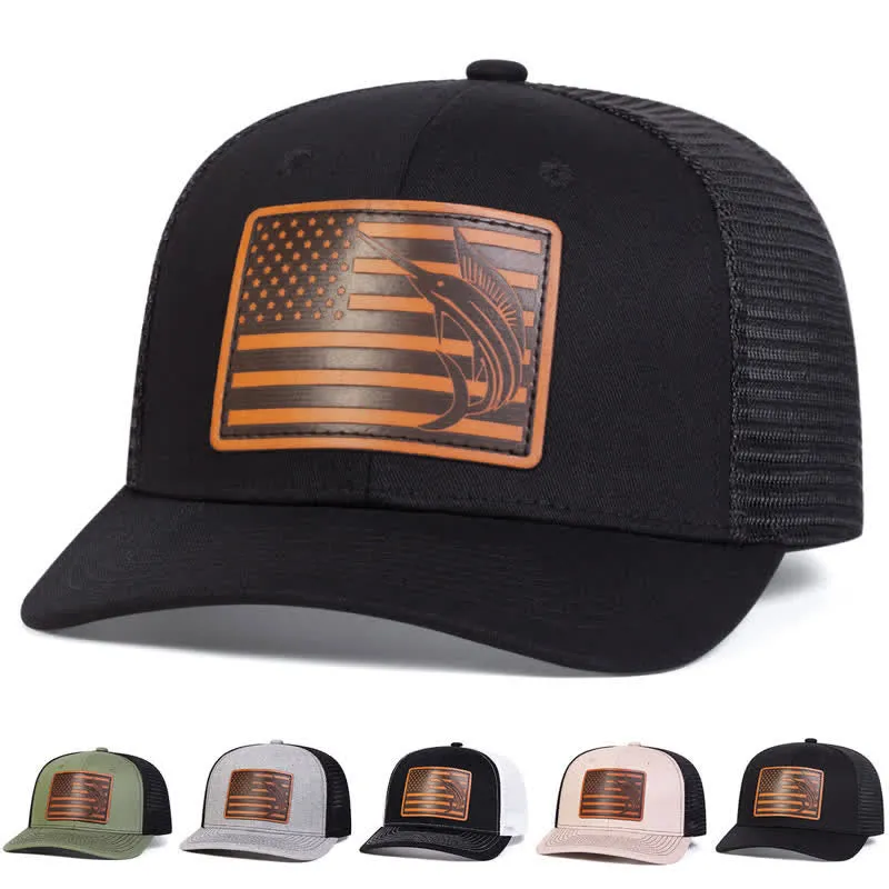 USA Flag Shark Leather Label Patch Trucker Hat sold by FloralTrip