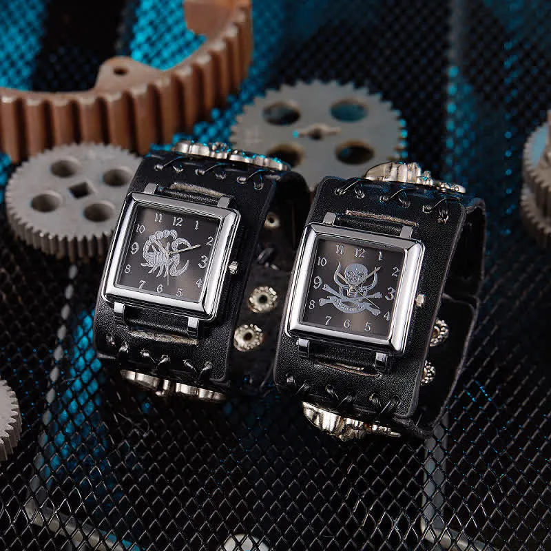 Men's Skull Rivet Black Leather Bracelet Watch sold by FloralTrip