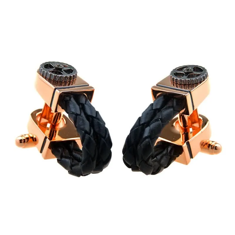Men's 1 Pair Rose Gold Gear Braided Leather Cufflinks sold by FloralTrip product image thumbnail 4