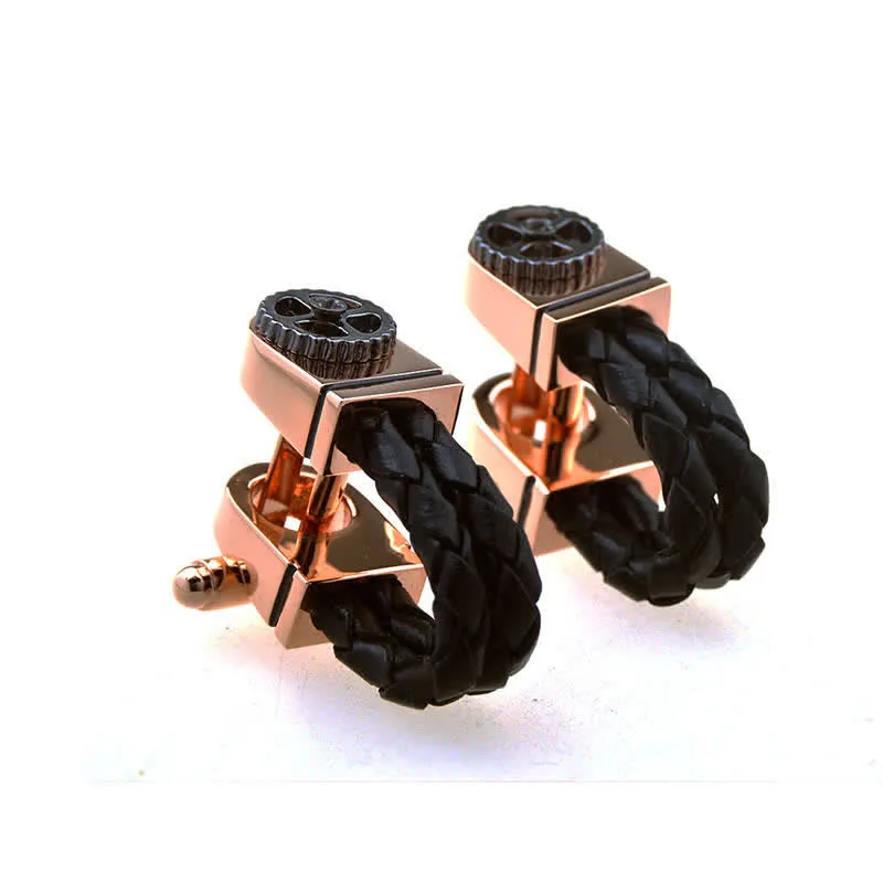 Men's 1 Pair Rose Gold Gear Braided Leather Cufflinks sold by FloralTrip product image thumbnail 2