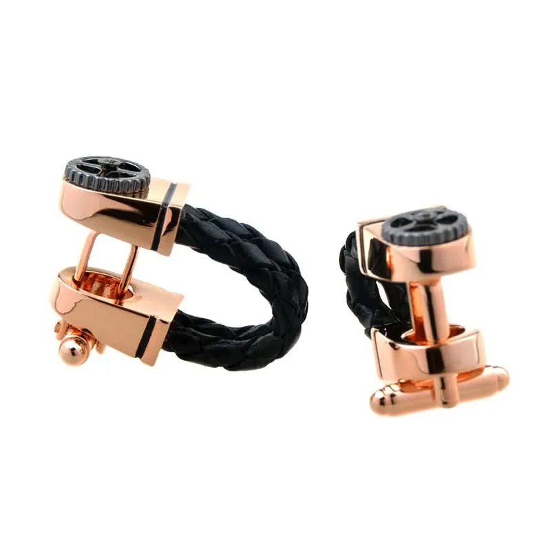 Men's 1 Pair Rose Gold Gear Braided Leather Cufflinks sold by FloralTrip