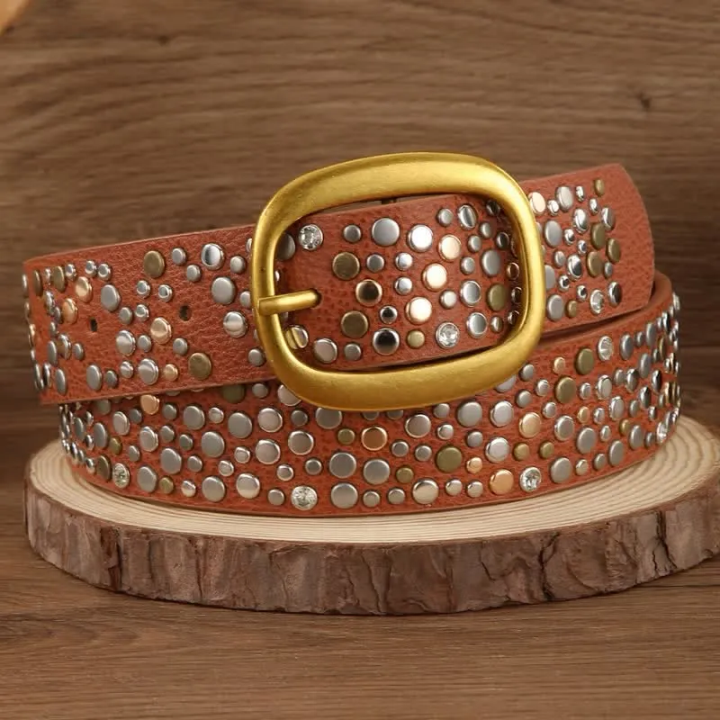 Brown Silver Punk Asymmetric Round Rivets Leather Belt sold by FloralTrip