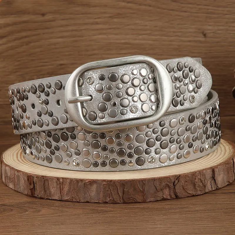 Brown Silver Punk Asymmetric Round Rivets Leather Belt sold by FloralTrip product image thumbnail 2