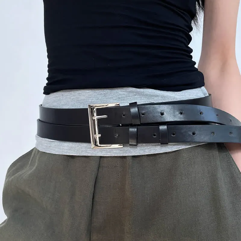 Women's Novel Double Prong Dual Strap Black Leather Belt sold by FloralTrip