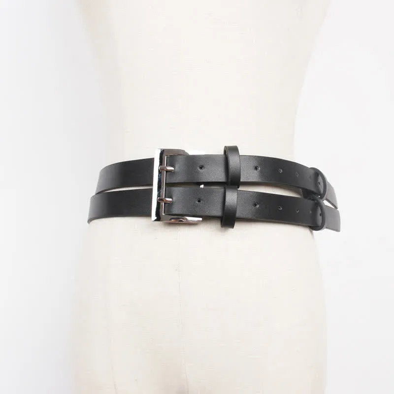 Women's Novel Double Prong Dual Strap Black Leather Belt sold by FloralTrip product image thumbnail 4