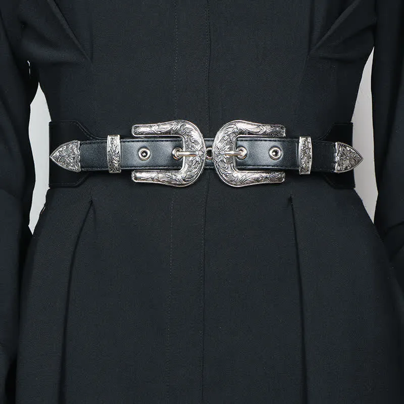 Women's Elastic Double Buckle Leather Belt for Jeans Pants and Dresses sold by FloralTrip