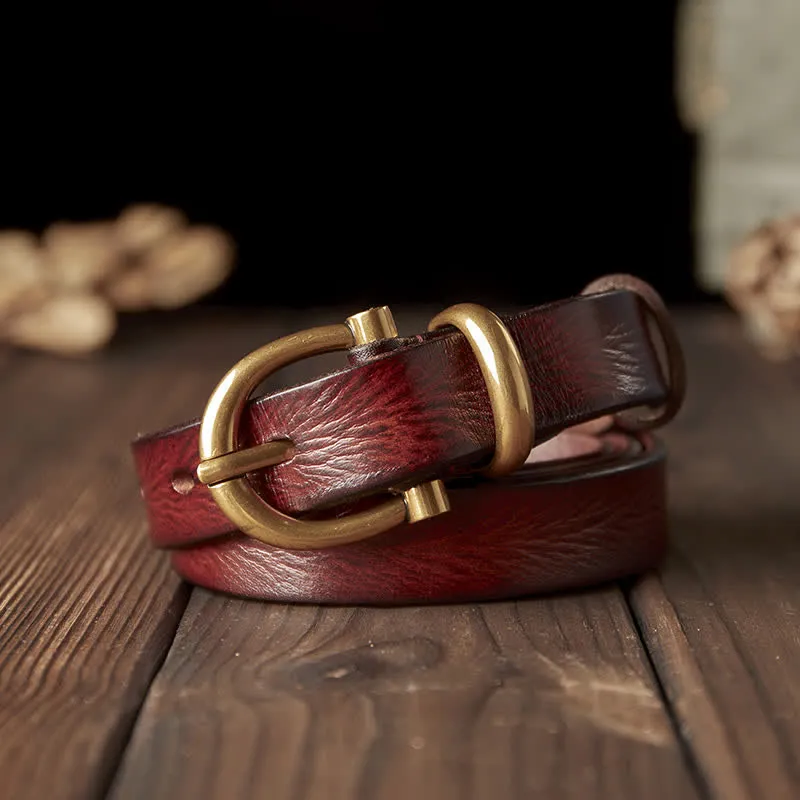 Women's Handmade Narrow Brass Buckle Genuine Leather Belt sold by FloralTrip