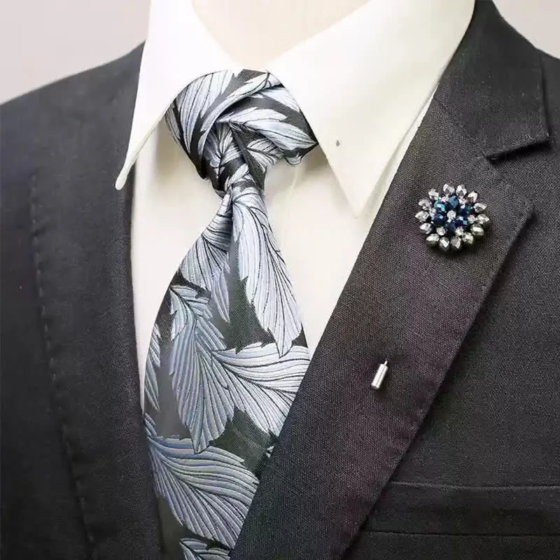 2Pcs Men's Light Blue & Black Feather Motifs Wide Necktie Corsage Set sold by FloralTrip