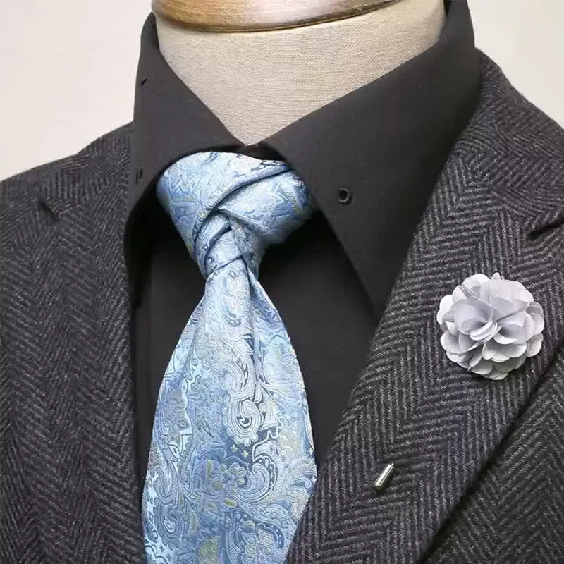 2Pcs Men's Light Sky Blue Paisley Pattern Wide Necktie Corsage Set sold by FloralTrip
