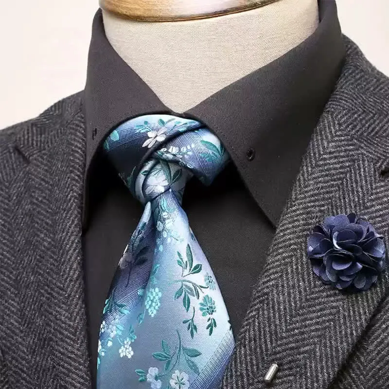 2Pcs Men's LightCyan & Navy Flower Pattern Wide Necktie Corsage Set sold by FloralTrip