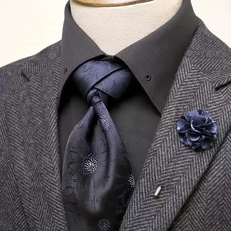 2Pcs Men's Navy Daisy Flower Pattern Wide Necktie Corsage Set sold by FloralTrip