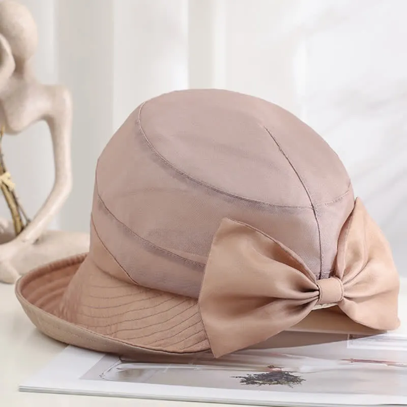 Women's Large Bow Knot Wide Brim Foldable Silk Sun Hat sold by FloralTrip