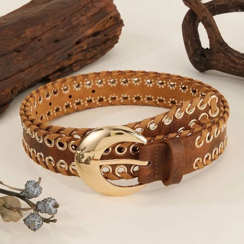 Women's Gold Round Buckle Retro Rope Threading Leather Belt sold by FloralTrip