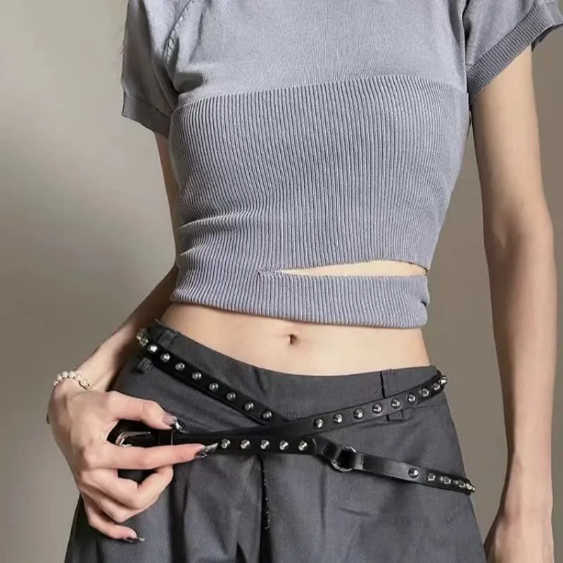 Women's Black Extra Long Double Layer Casual Punk Rivet Leather Belt sold by FloralTrip