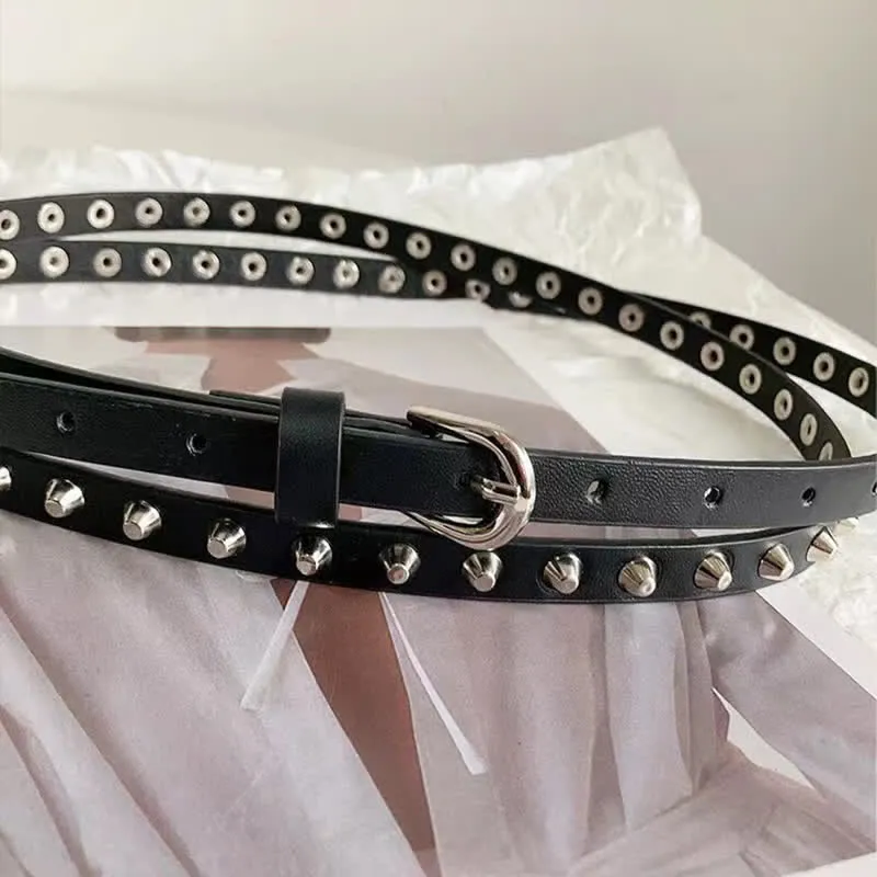 Women's Black Extra Long Double Layer Casual Punk Rivet Leather Belt sold by FloralTrip product image thumbnail 2