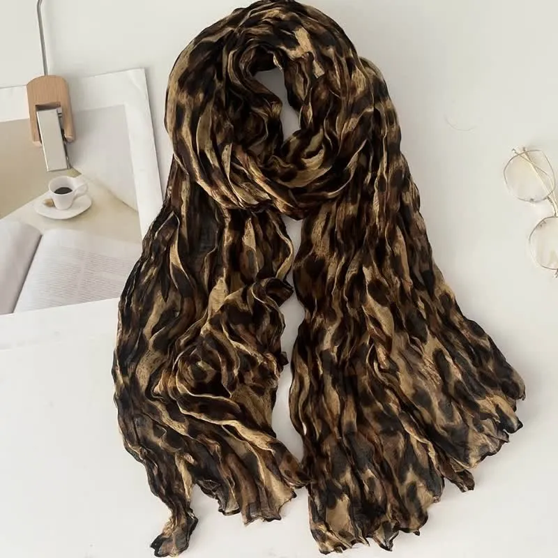 Women's Leopard Print Pleated Cotton Linen Thin Autumn Scarf sold by FloralTrip