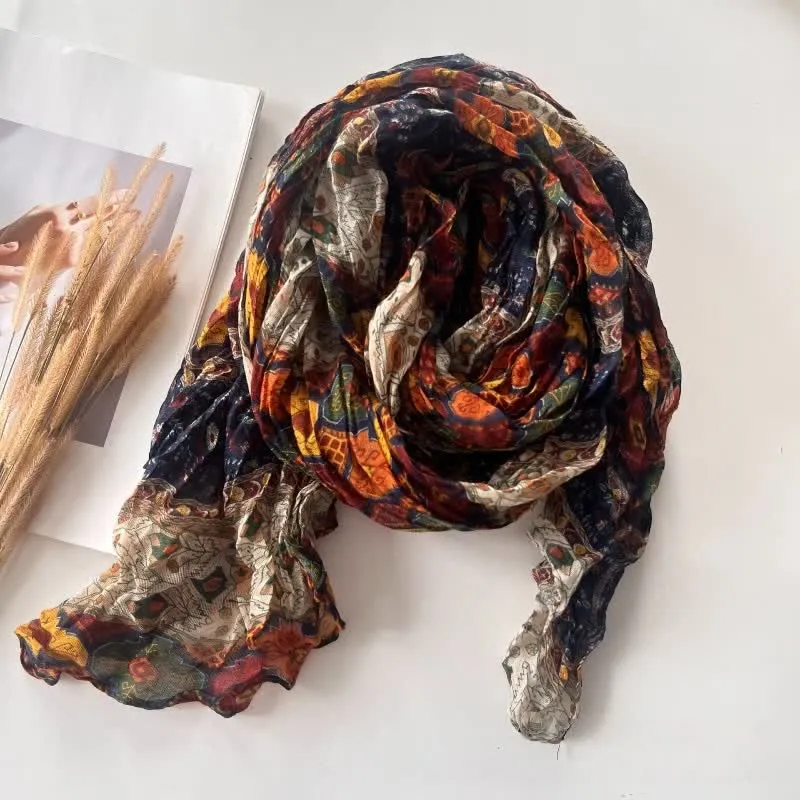 Women's Ethnic Style Pleated Cotton Linen Thin Autumn Scarf sold by FloralTrip