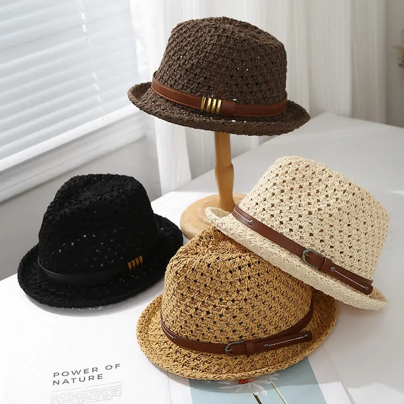 Men's Foldable Leather Strap Hollow Summer Straw Fedora Hat sold by FloralTrip product image thumbnail 2