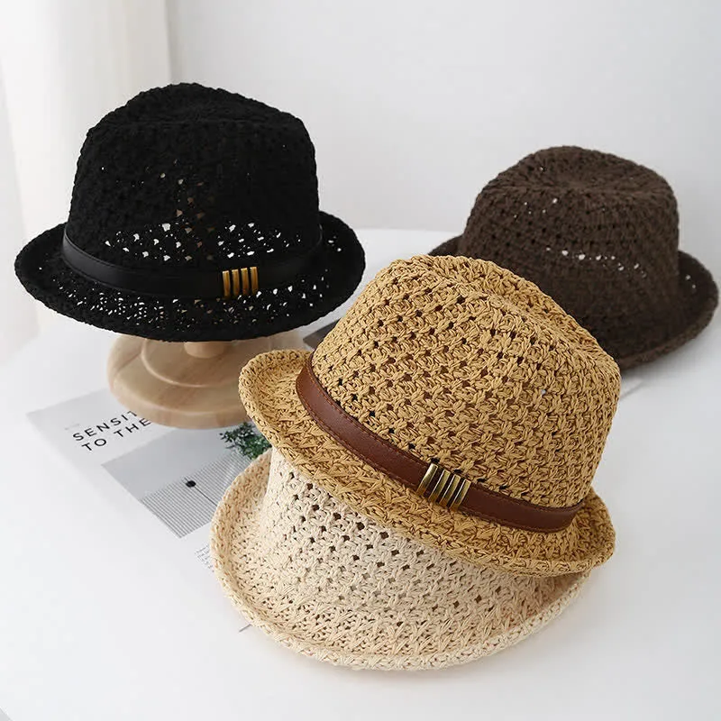 Men's Foldable Leather Strap Hollow Summer Straw Fedora Hat sold by FloralTrip product image thumbnail 5