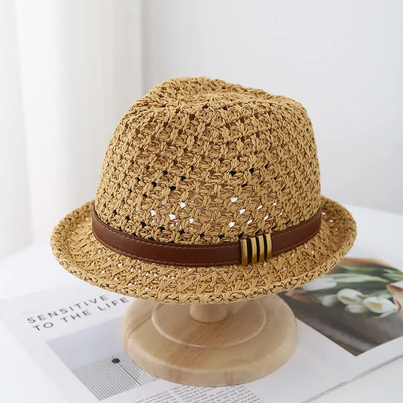 Men's Foldable Leather Strap Hollow Summer Straw Fedora Hat sold by FloralTrip